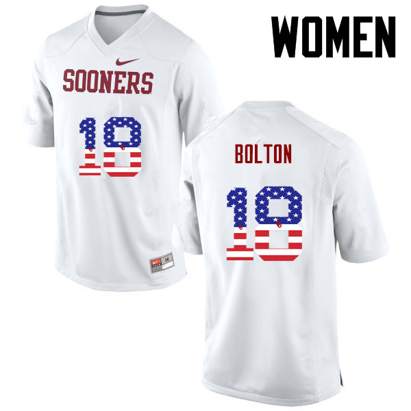 Women Oklahoma Sooners #18 Curtis Bolton College Football USA Flag Fashion Jerseys-White